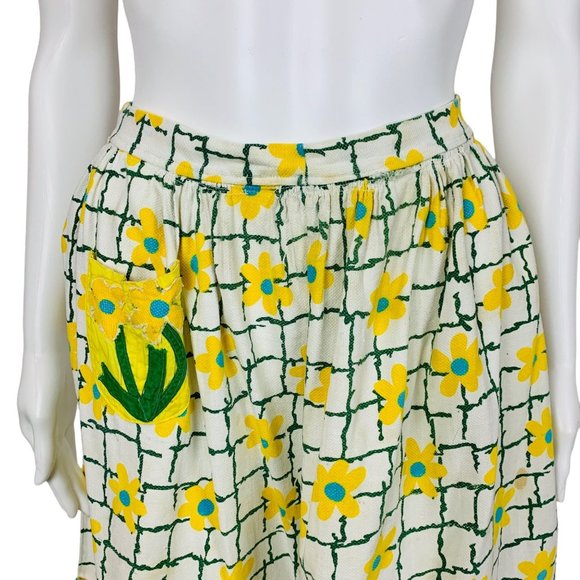 Vintage 50s Daisy Print Half Apron Blue And Yellow Handmade - Picture 2 of 8